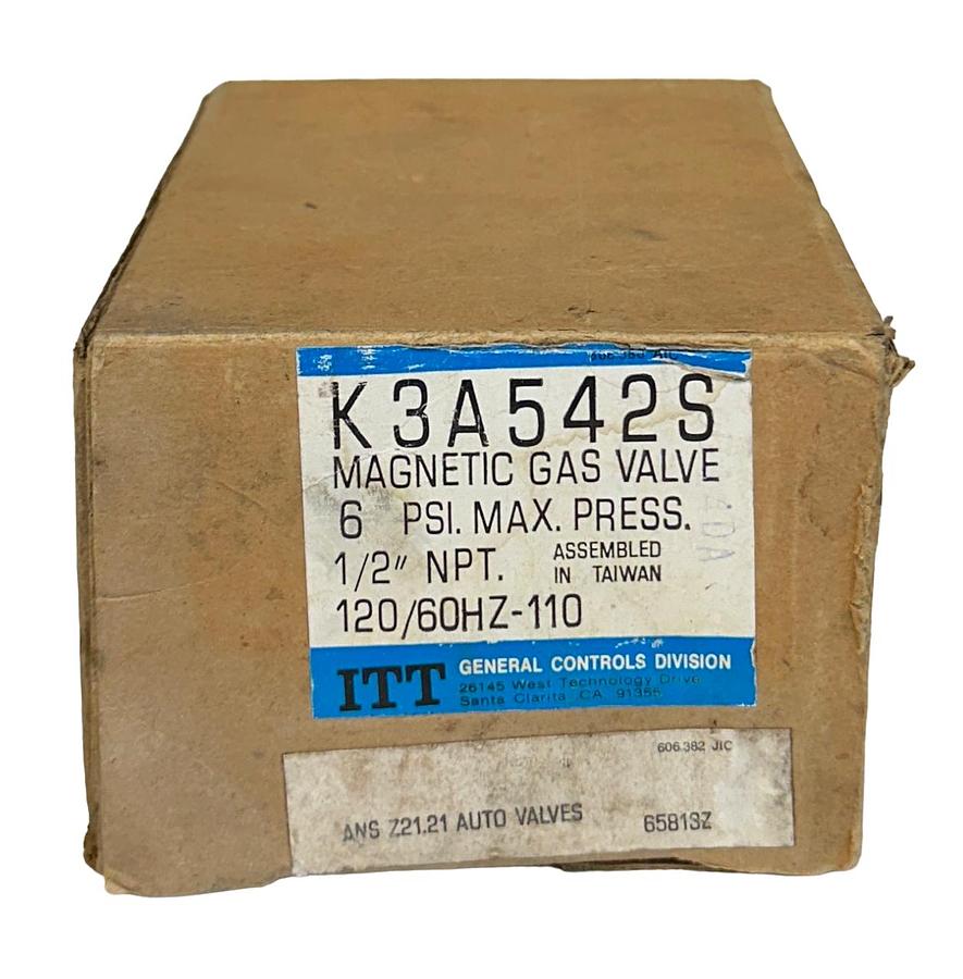 Used ITT GENERAL CONTROLS K3A542S MAGNETIC GAS VALVE 1/2'' NPT 120/60Hz-110 NSMP