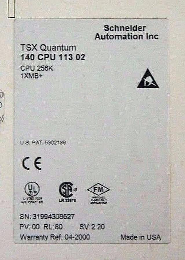 Used SCHNEIDER MODICON 140-CPU-113-02 CPU 256K 1XMB+ USER LOGIC MODULE 140CPU11302