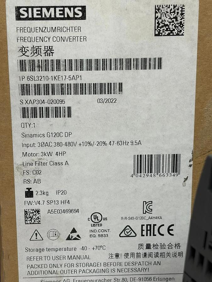 Siemens Sinamics G120C DP 3kW 4HP VFD Inverter 6SL3210-1KE17-5AP1 New