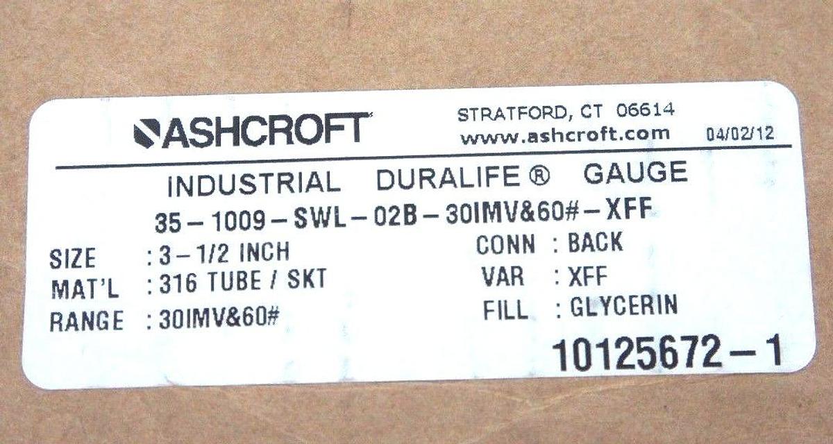 Used LOT OF 3 NIB ASHCROFT 35-1009-SWL-02B-30IMV&60#-XFF DURALIFE GAUGE SIZE: 3-1/2''