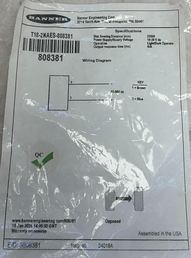 Used BANNER T18-2NAES-808381 / 808381 PHOTOELECTRIC SENSOR T18-2 SERIES 25000mm NSNP