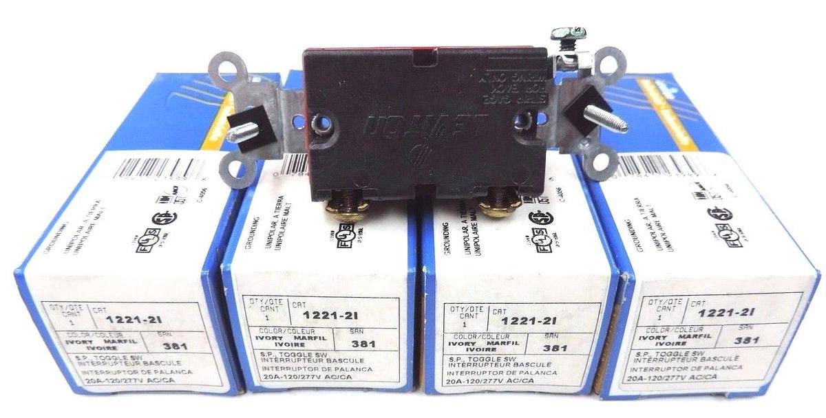 Used LOT OF 4 NIB LEVITON 1221-21 S.P. TOGGLE SWITCHES 20A-120/277V, IVORY
