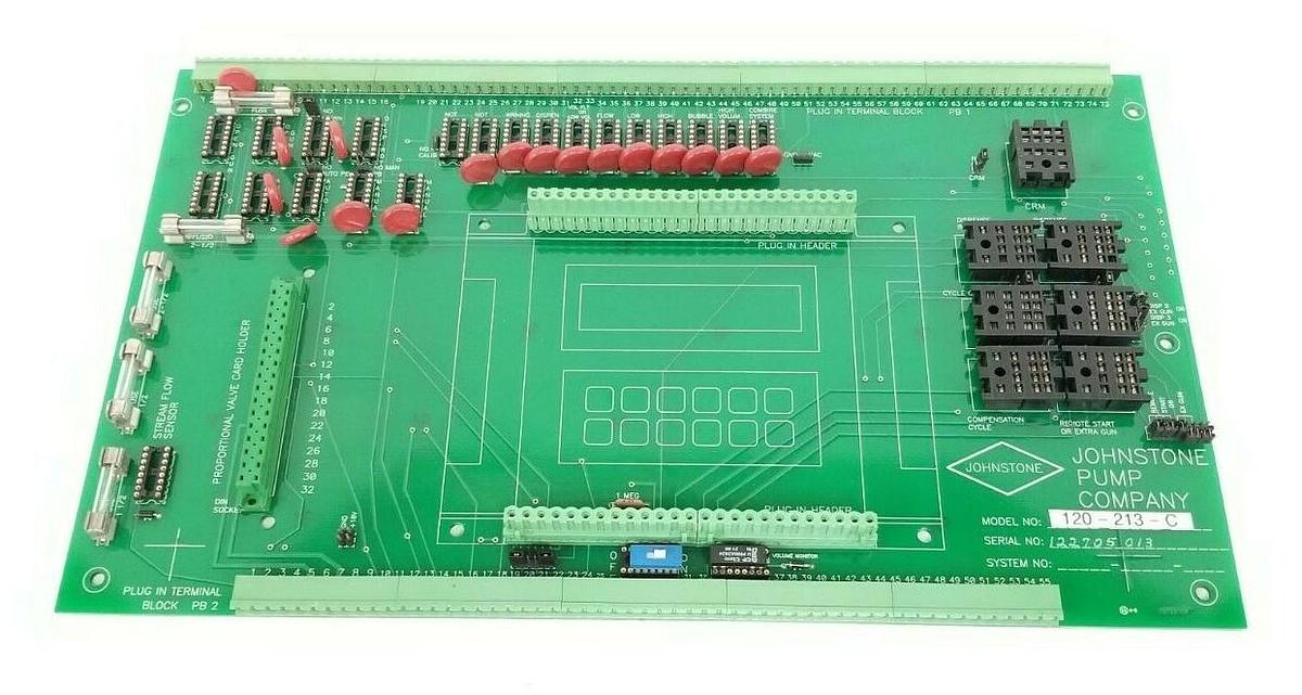 Used JOHNSTONE PUMP CO. 120-213-C CONTROL BOARD W/O RELAYS A073B 120213C