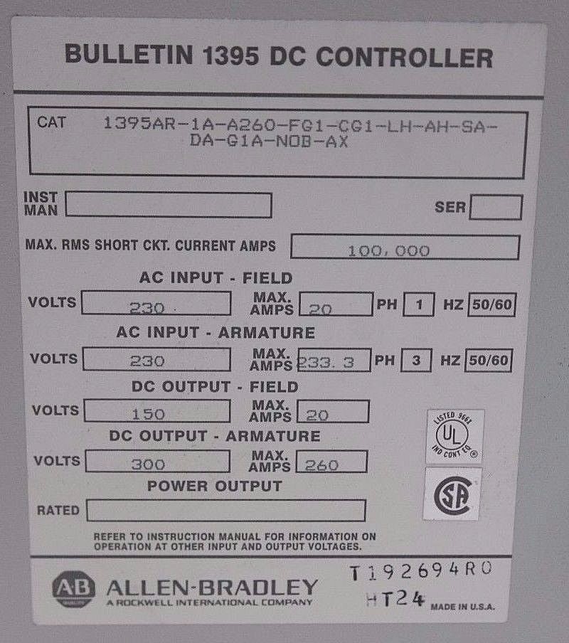 Used ALLEN BRADLEY 1395AR-1A-A260-FG1-CG1-LH-AH-SA-DA-G1A-NOB-AX DC DRIVE CONTROLLER