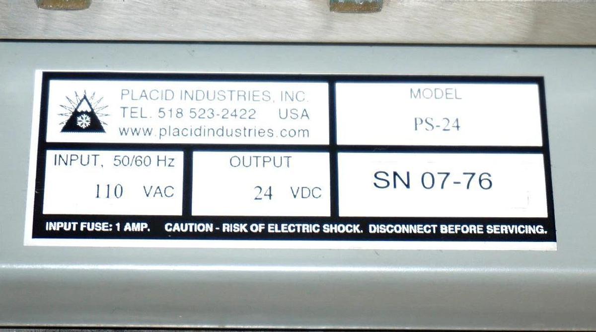 Used PLACID INDUSTRIES PS-24 POWER SUPPLY MODULE 50/60HZ, 100VAC, 24VDC, PS24