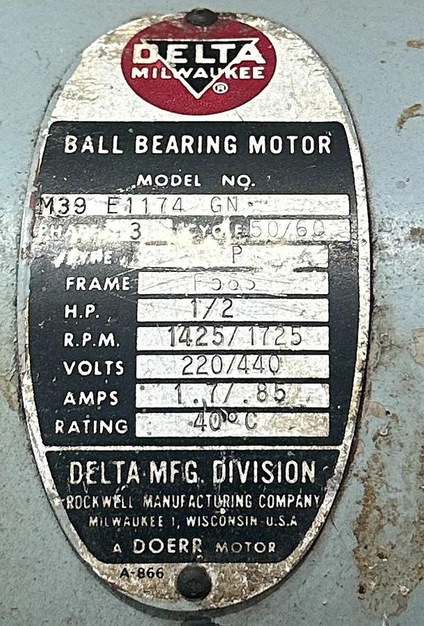 Used ROCKWELL DELTA MODEL M39 E1174 GN / M39E1174GN BALL BEARING MOTOR 1/2HP USNP