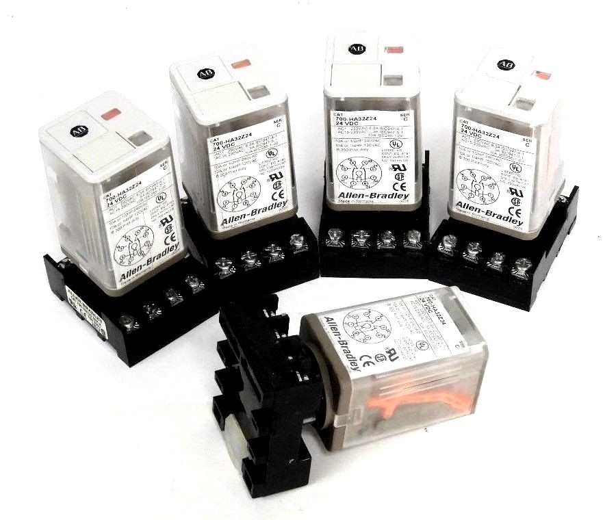 Used LOT OF 5 ALLEN BRADLEY 700-HA32Z24 SER.C RELAYS W/ 700-HN125 BASE 700HA32Z24