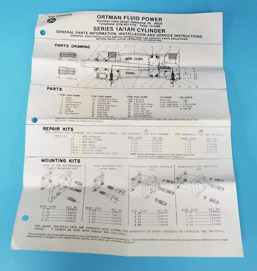 NEW ORTMAN FLUID POWER 129564 REPAIR KIT