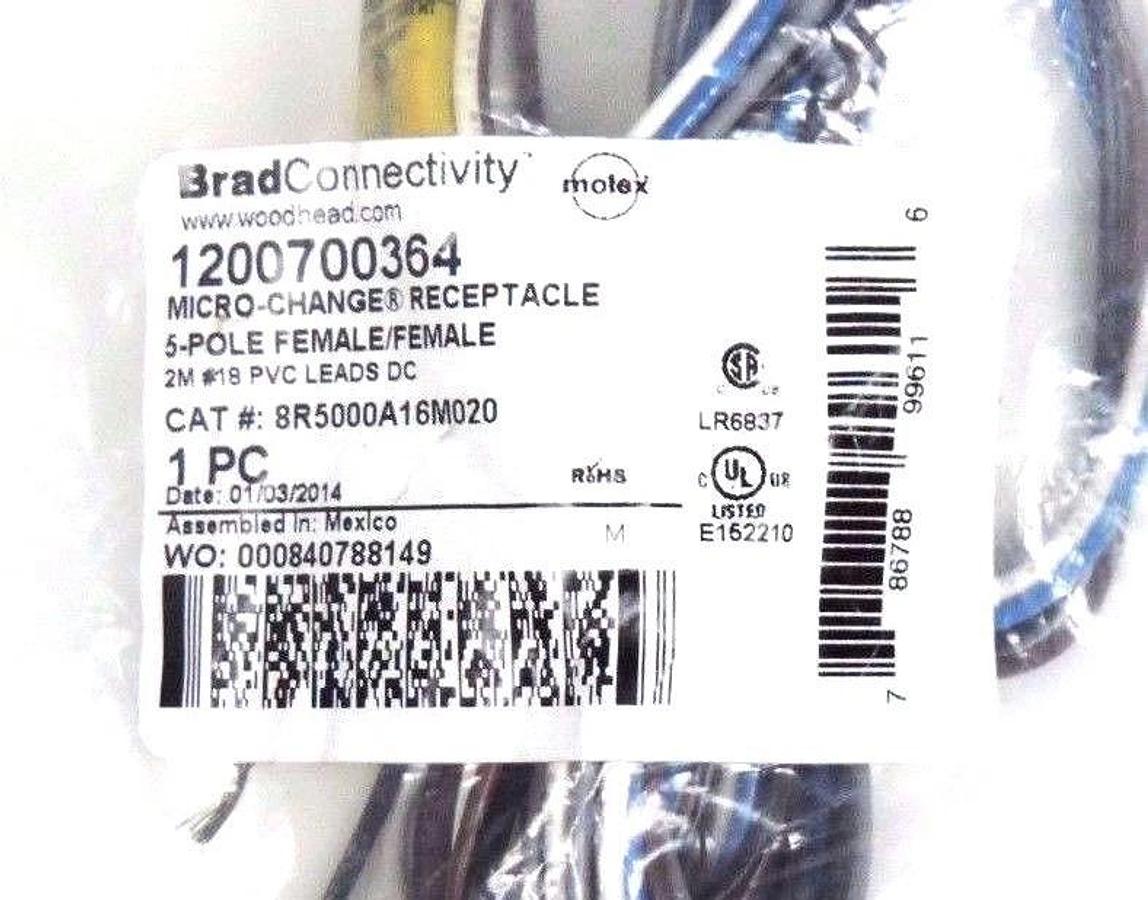 Used NEW WOODHEAD 1200700364 MICRO-CHANGE RECEPTACLE 5-POLE 2M LEADS