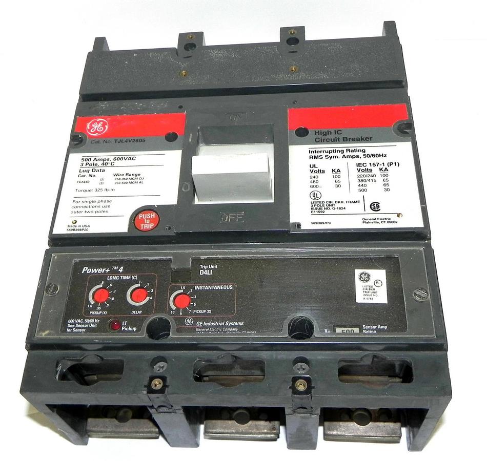 Used GENERAL ELECTRIC TJL4V2605 CIRCUIT BREAKER 500A, 600VAC, 3POLE