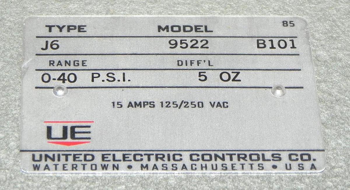 Used NIB UNITED ELECTRIC J6-9522-148 PRESSURE SWITCH 0-40PSI, J695SS148