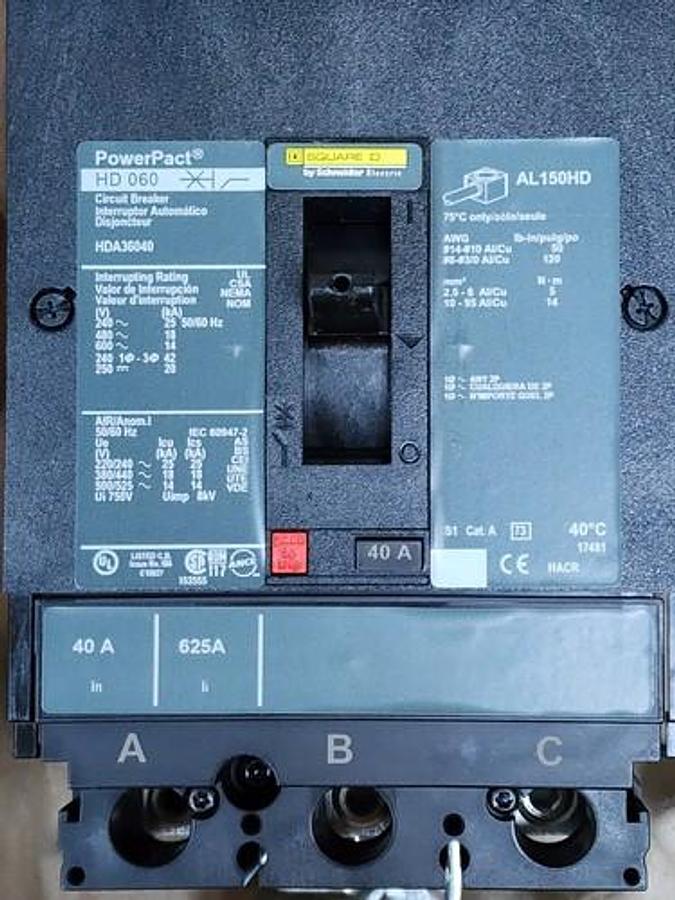 Used NIB SQUARE D HDA36040 PowerPact CIRCUIT BREAKER 40A 3P 600V 50/60Hz