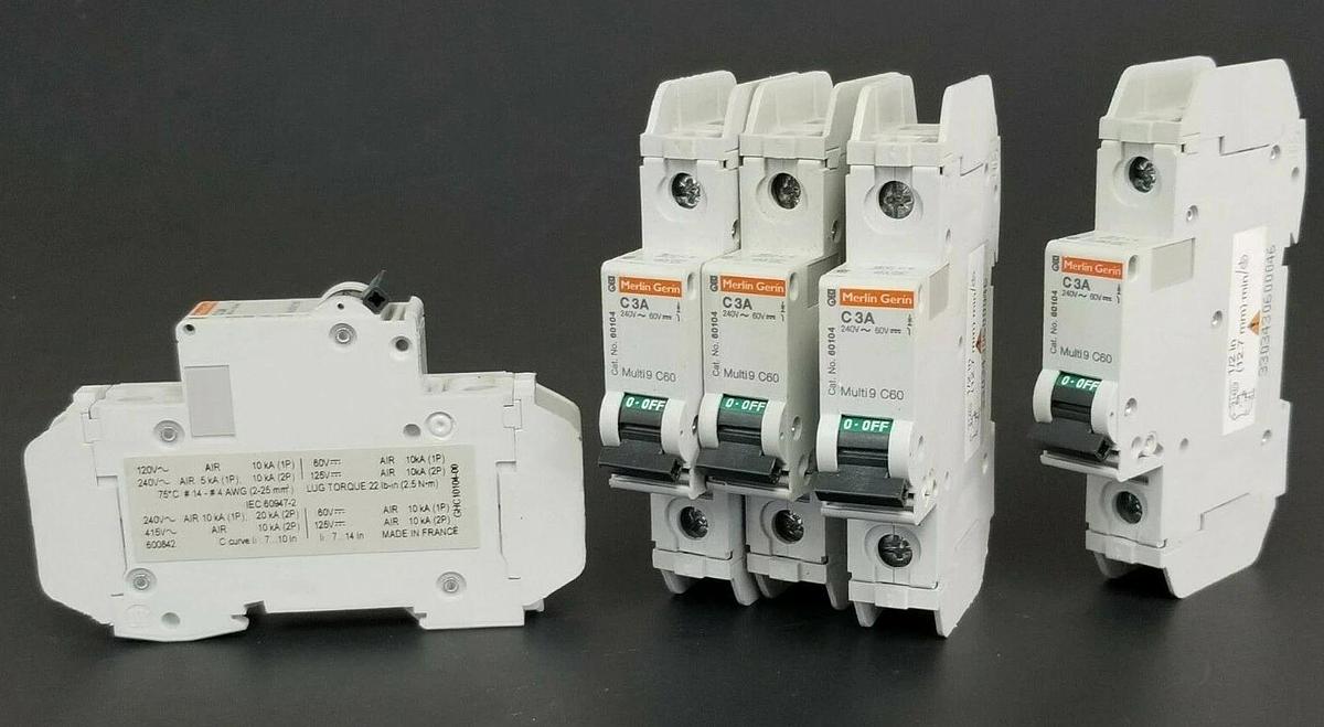 Used LOT OF 5 MERLIN GERIN CAT. NO. 60104 MULTI9 C60 CIRCUIT BREAKERS C3A 240V/60V