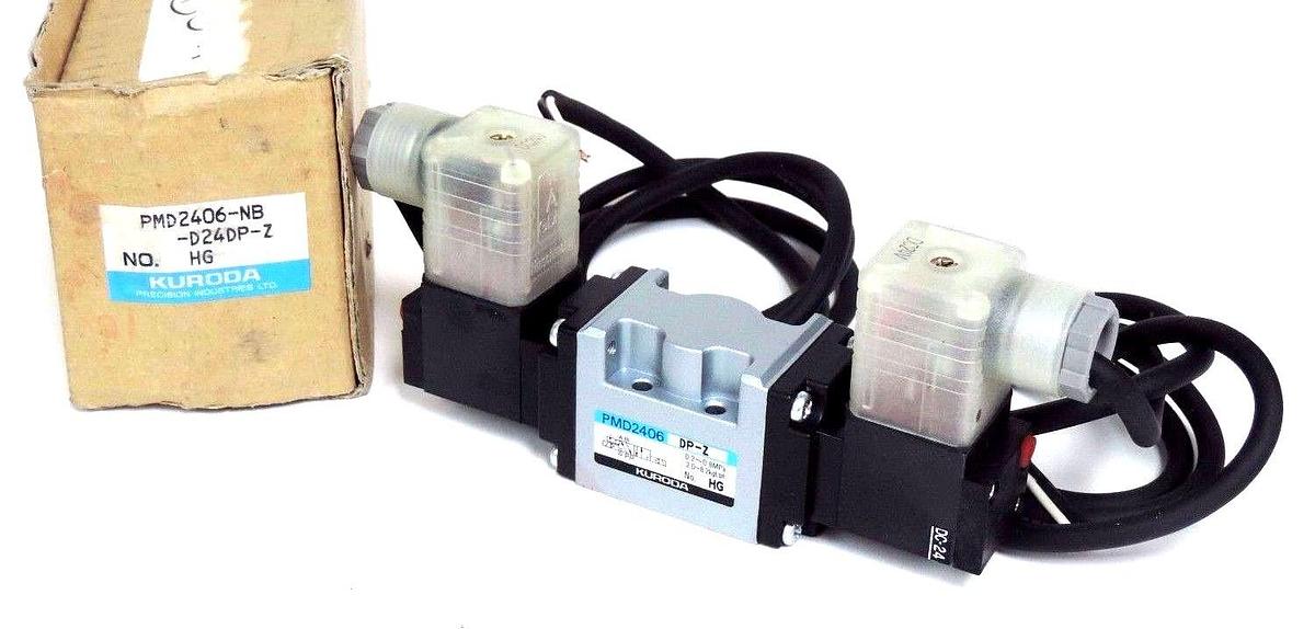 Used NIB KURODA PMD2406-NB-D24DP-Z SOLENOID VALVE HG, .2/.8MPA W/ AHR DC-24 COILS