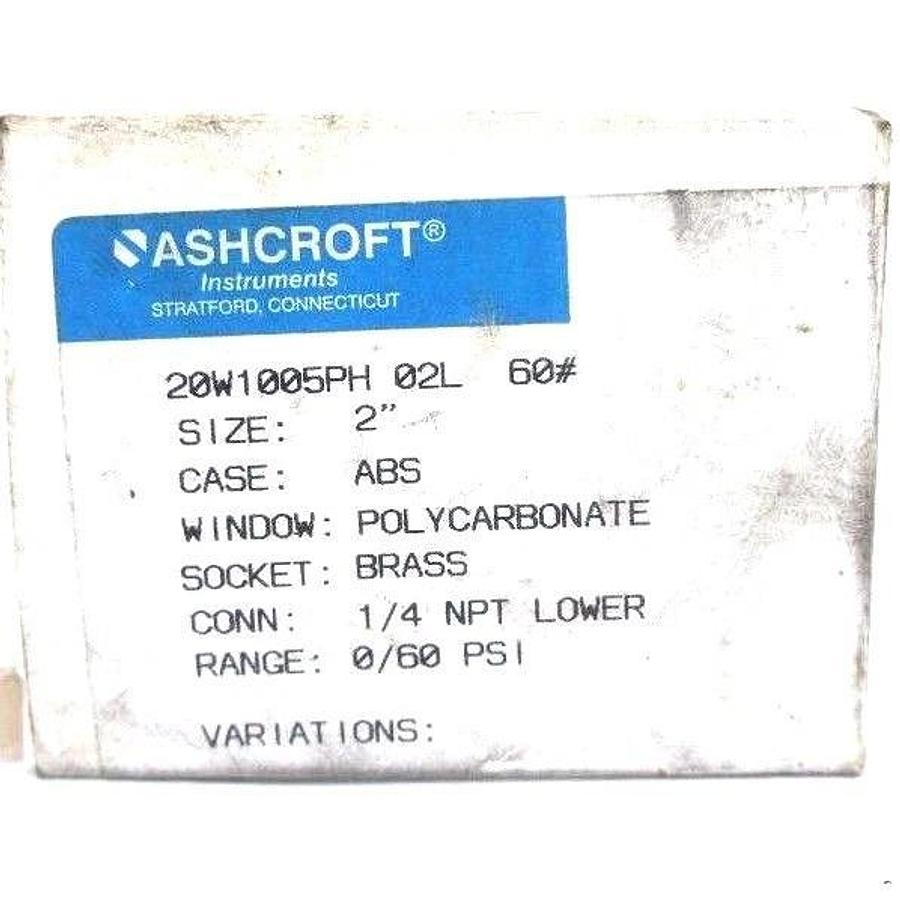 Used NIB ASHCROFT 20W1005PH 02L 60# PRESSURE GAUGE 0-60PSI, 1/4 NPT LOWER