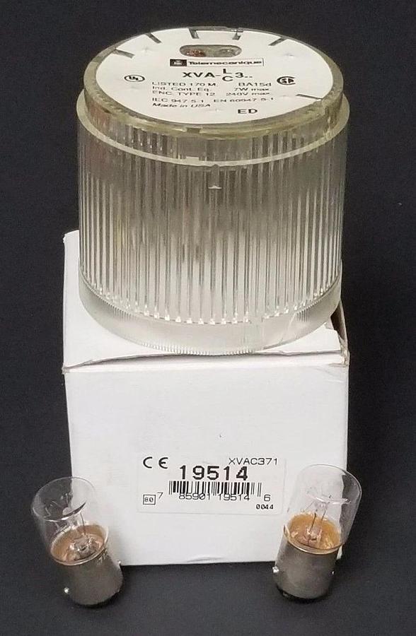 Used TELEMECANIQUE XVAC371 STACK LIGHT COVER 19514 W/ BULBS *MISSING O-RING*