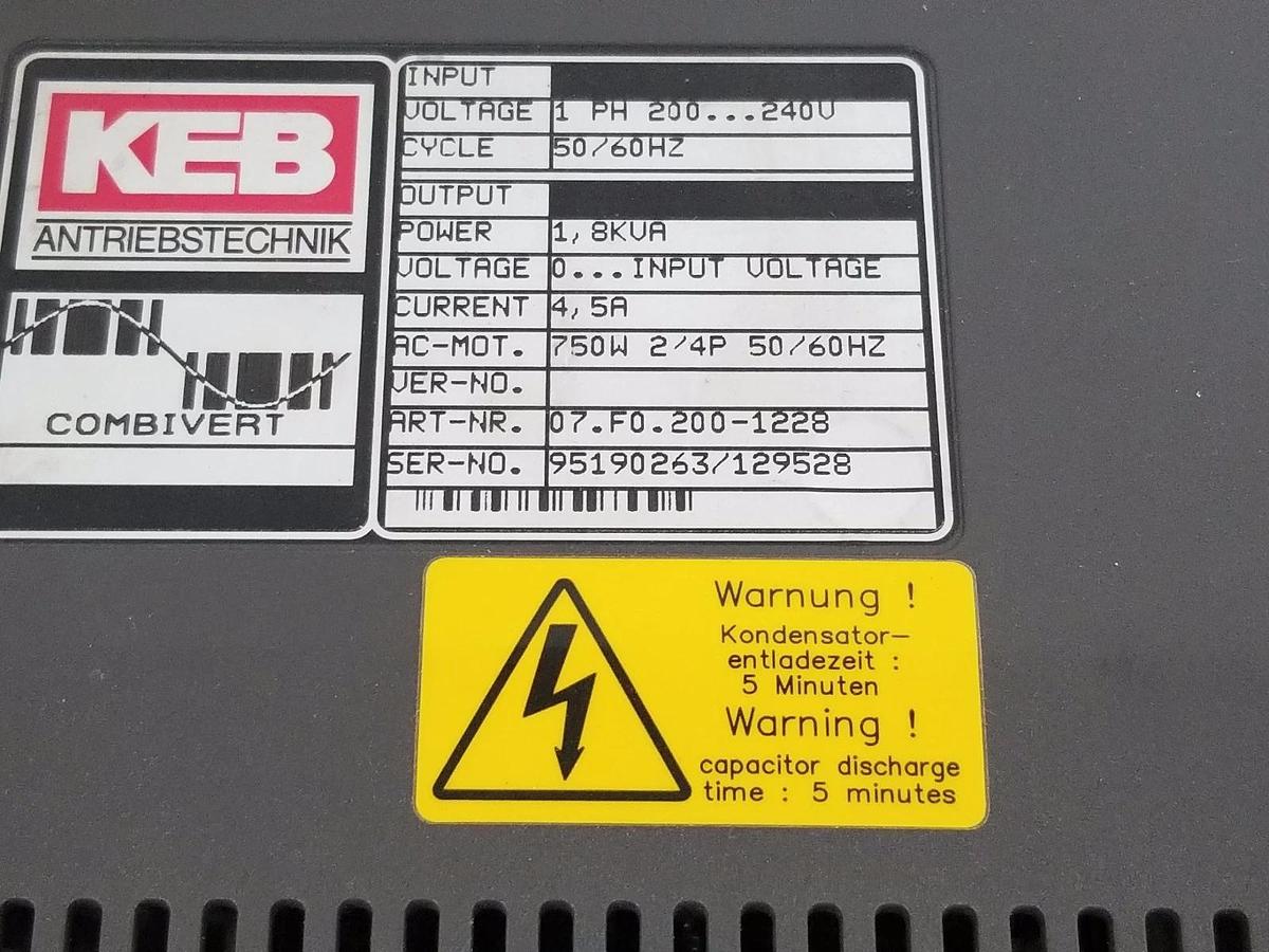 Used KEB 07.F0.200-1228 COMBIVERT DRIVE 1PH, 200-240V, 50/60HZ 1,8KVA 4,5A