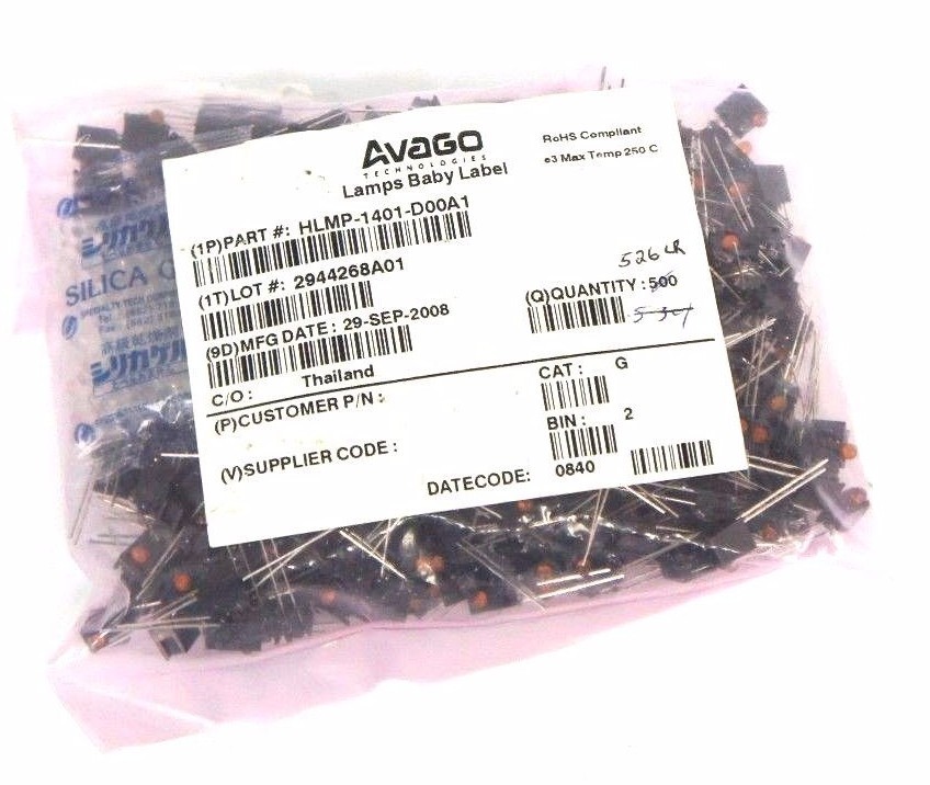 BAG OF 526 NEW AVAGO HLMP-1401-D00A1 LED, T-1, YELLOW, 3.6MCD, 585NM LAMPS