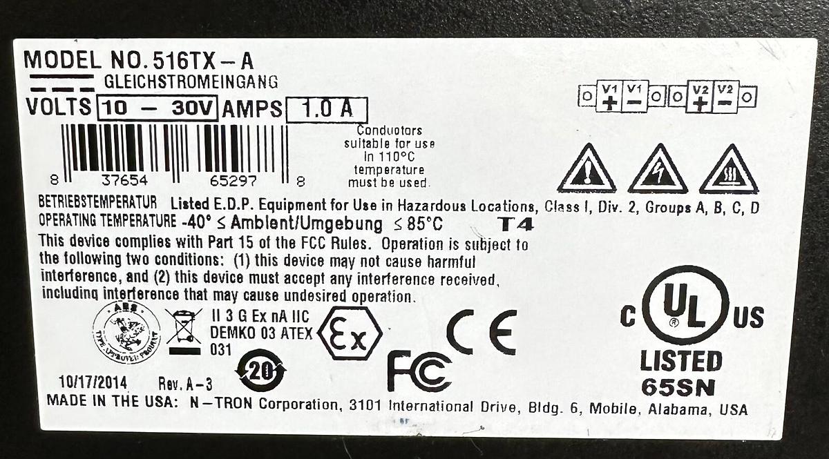 Used N-TRON 516TX-A / 516TXA INDUSTRIAL ETHERNET SWITCH 16-PORT 10/30VDC 1.0A 516TX