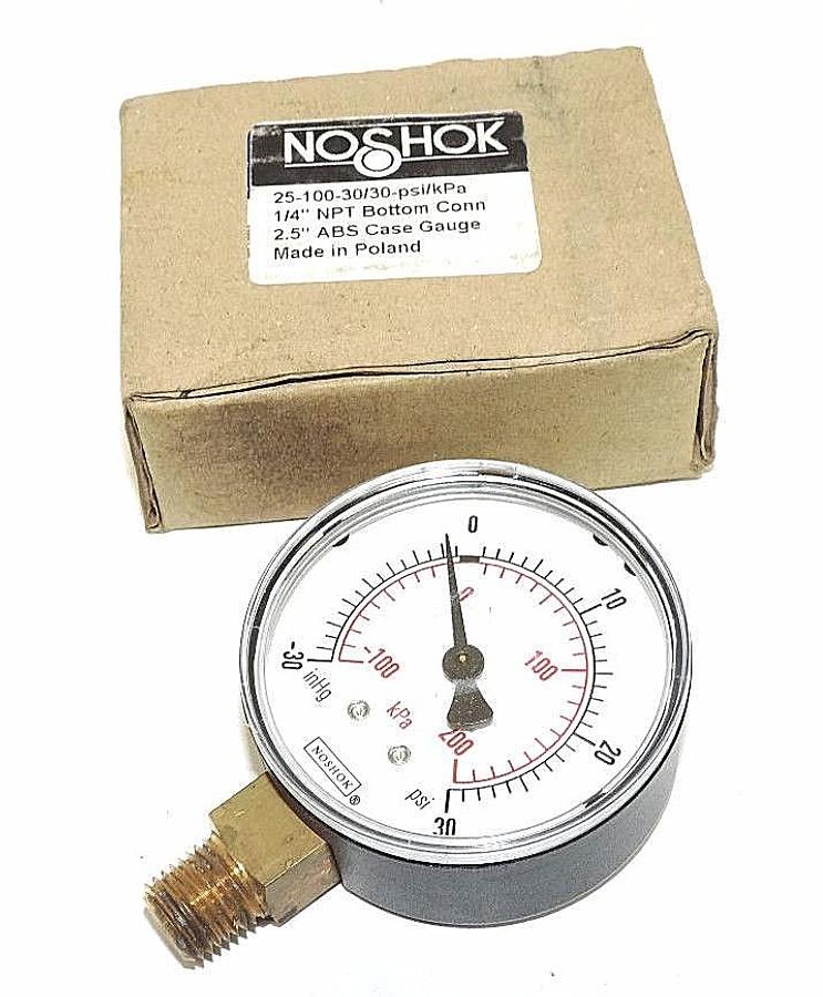 Used NIB NOSHOK 25-100-30/30-PSI/KPA GAGE 1/4" NPT BOTTOM CONNECTION 2.5" ABS CASE