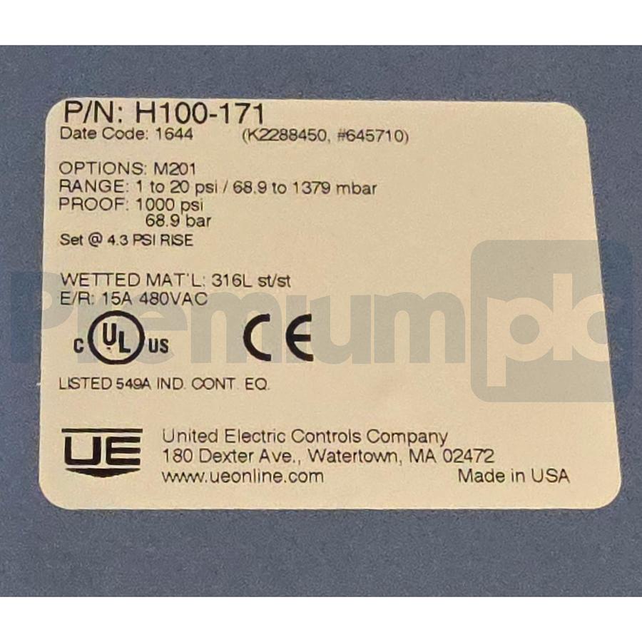 Used United Electric Controls H100-171 M201 Pressure Switch 1-20 PSI | Set @ 4.3 PSI