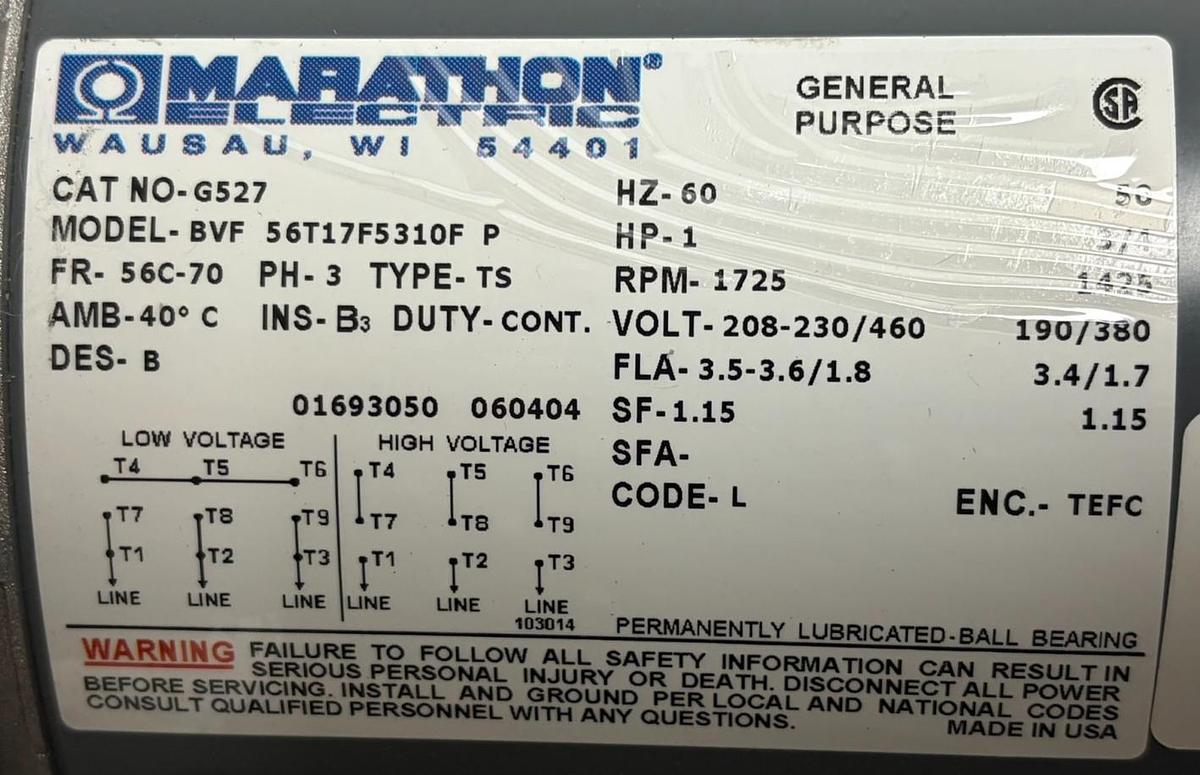 Used Marathon Electric G527 1HP 56C 3 Phase 1725 RPM TEFC General Purpose Motor