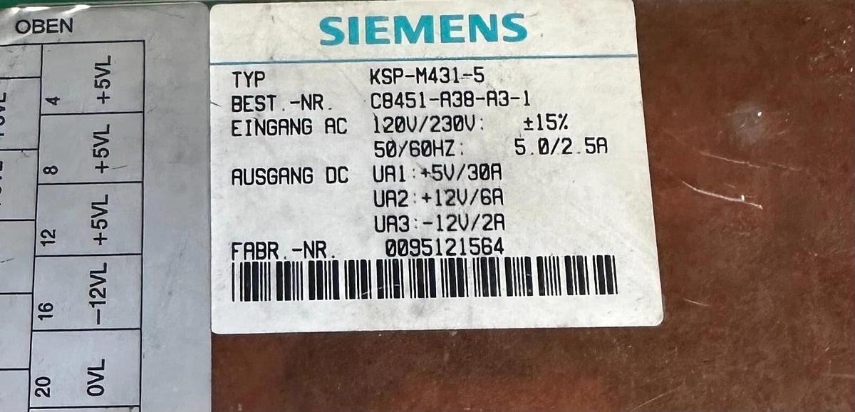 Used SIEMENS KSP-M431-5 SICOMP POWER SUPPLY C8451-A38-A3-1 AMS-M431-A5 AMS-M431