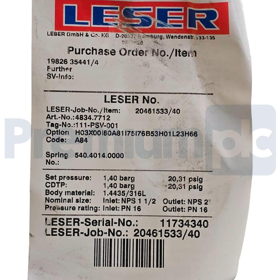 Used LESER 4834.7712 Type 483 Safety Relief Valve 1.5" x 2" NPS 316L/SS 20.3psi NSNP