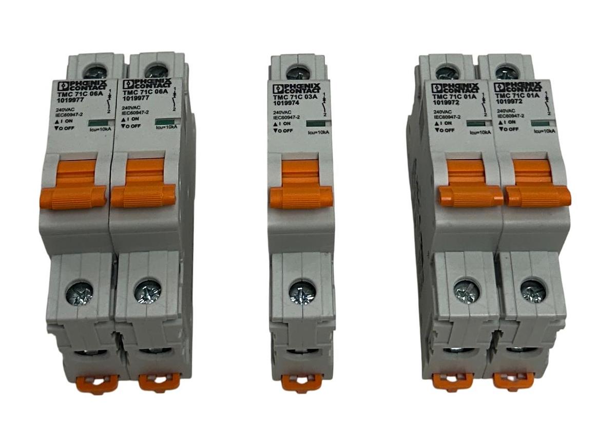 Used 5 PHOENIX CONTACT TMC 71C / 1019977 / 1019974 / 1019972 BREAKERS 240VAC NSNP