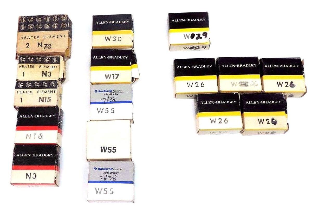 Used LOT OF 16 ALLEN BRADLEY HEATER ELEMENTS W30, W17, W55, W29, W26, N3, N15, N16,17
