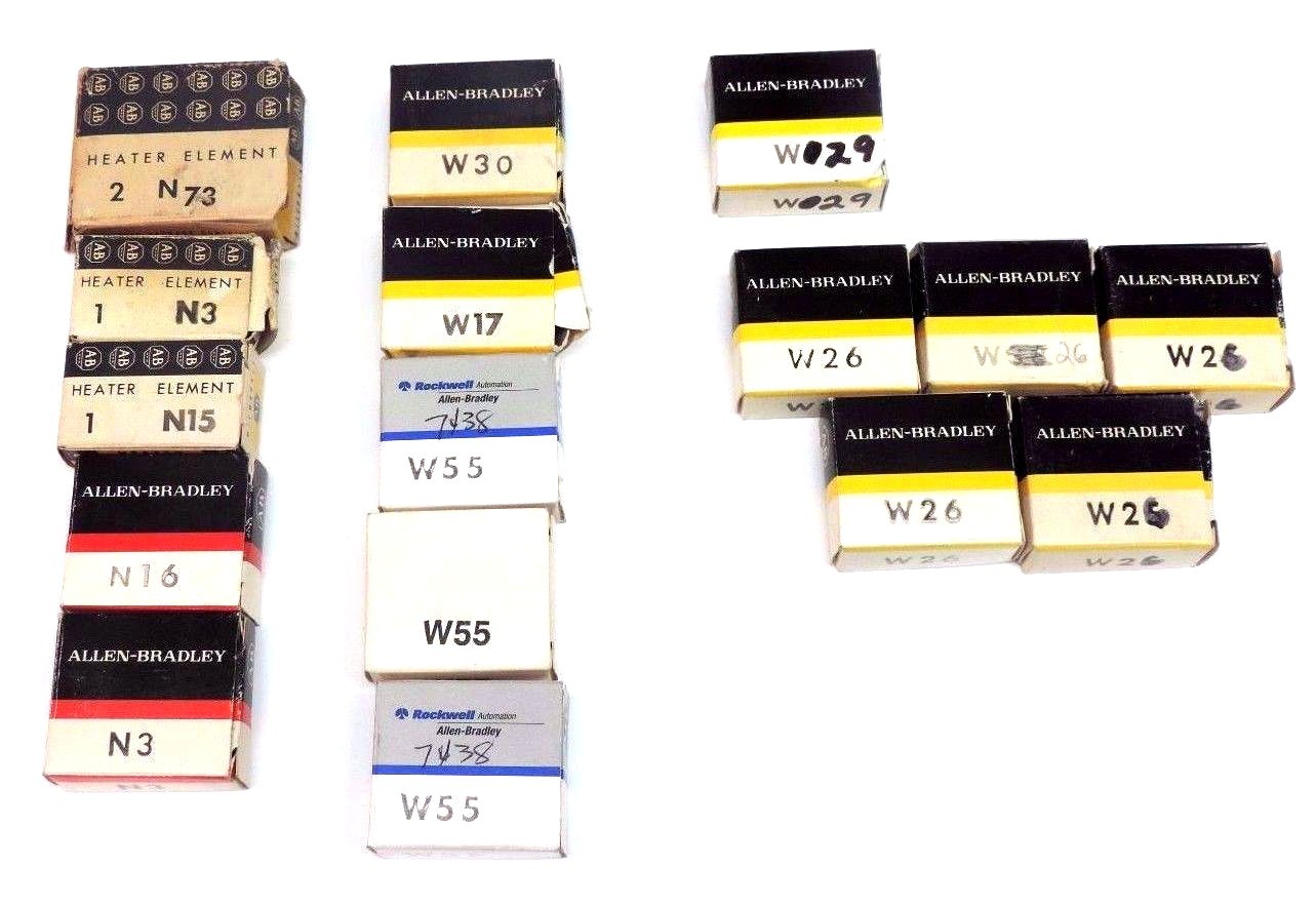Used LOT OF 16 ALLEN BRADLEY HEATER ELEMENTS W30, W17, W55, W29, W26, N3, N15, N16,17