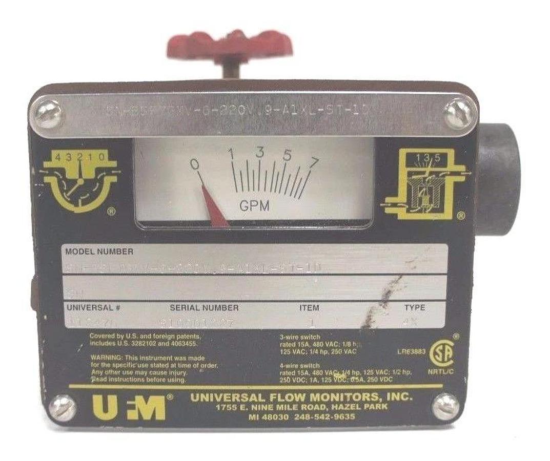 Used UNIVERSAL FLOW MONITORS SN-BSF7GMV-6-220V.9-A1XL-ST-1D FLOW MONITOR 0-7 GPM