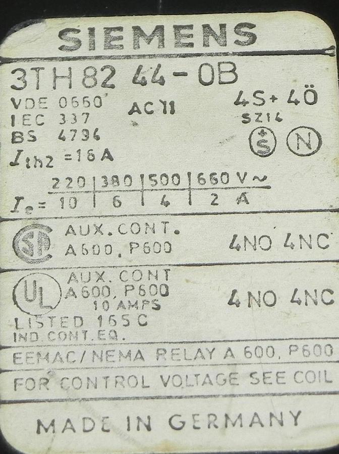 Used SIEMENS 3TH82 44-0B CONTACTOR USED 3TH82440B