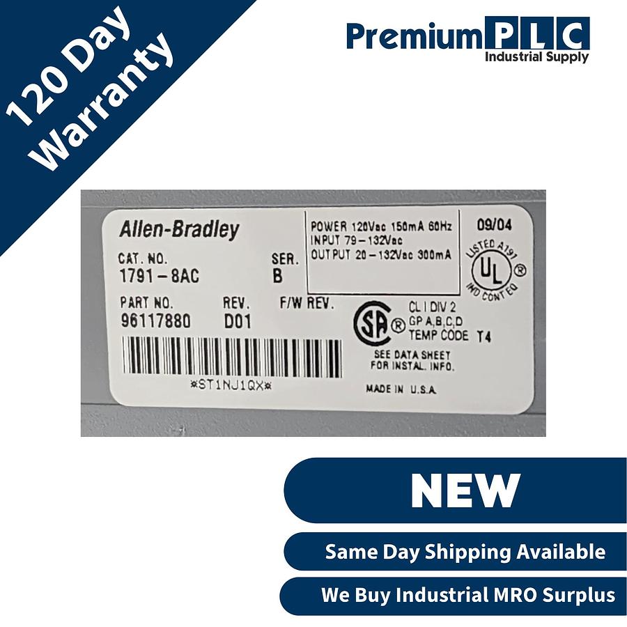 Used NEW ALLEN BRADLEY 1791-8AC /B AC BLOCK I/O MODULE 8IN/8OUT REV. D01 96117880