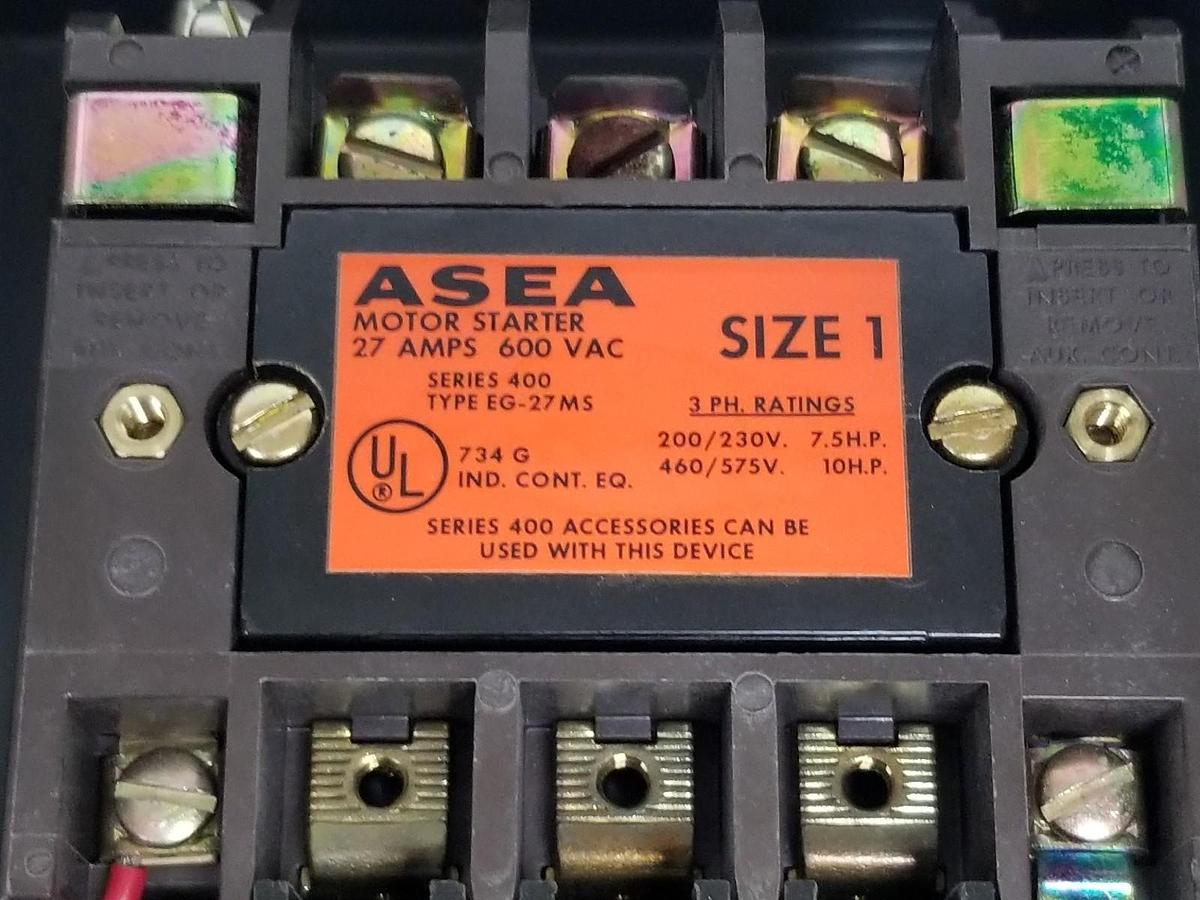 Used NEW ASEA BROWN BOVERI 400A133R STARTER 27A, 600VAC, SIZE 1, NEMA 3R, 120V, 60HZ