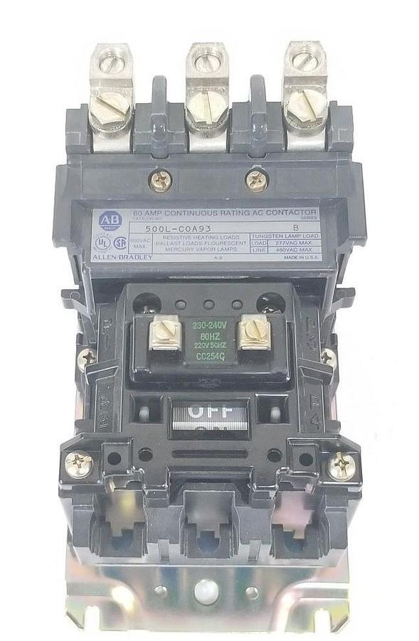 Used NIB ALLEN BRADLEY 500L-COA93 AC LIGHTING CONTACTOR 3P, 60A, SER B, 500LCOA93