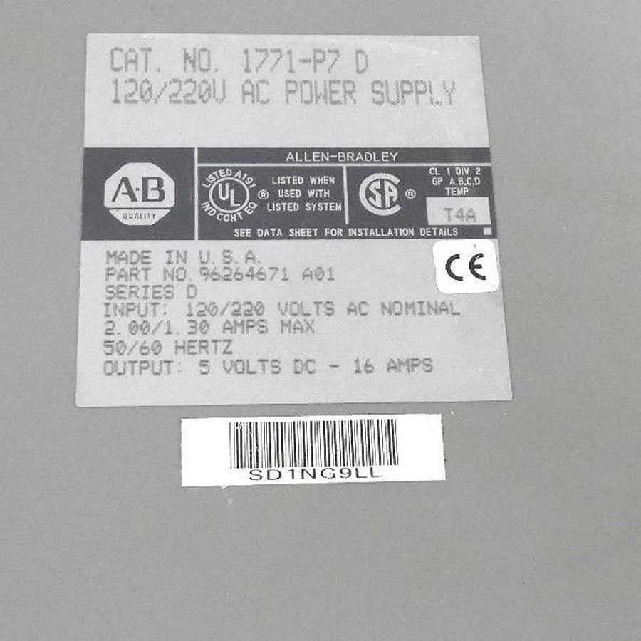 Used ALLEN BRADLEY 1771-P7 D POWER SUPPLY 1771P7, 120/220V SER. D REV. A01