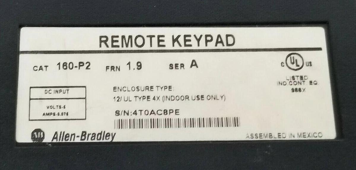 Used ALLEN BRADLEY 160-P2 REMOTE KEYPAD FRN: 1.9 SER. A 5VDC 0.075A 160P2
