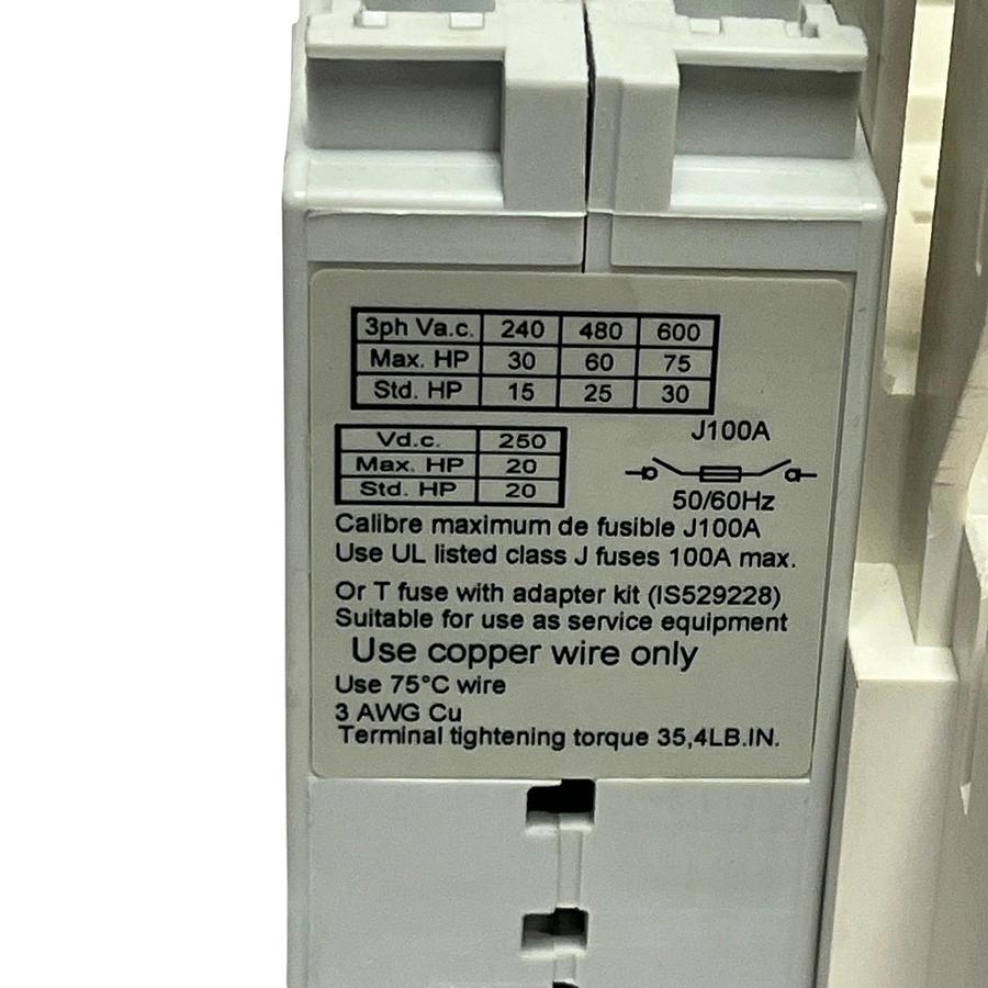 Used Socomec J100A / 38613010 Fusible Rotary Disconnect 100 Amp 3-Pole