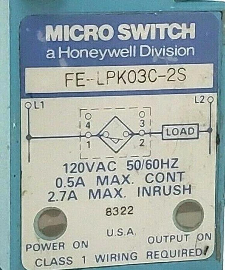Used HONEYWELL MICRO SWITCH FE-LPK03C-2S 120VAC 50/60HZ FELPK03C2S