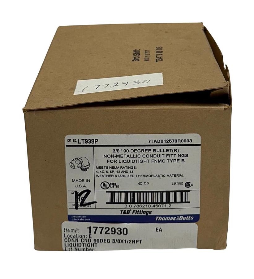12 THOMAS & BETTS ABB 7TAD012570R0003 / LT938P 90 DEG BULLET FITTINGS 3/8'' NSMP