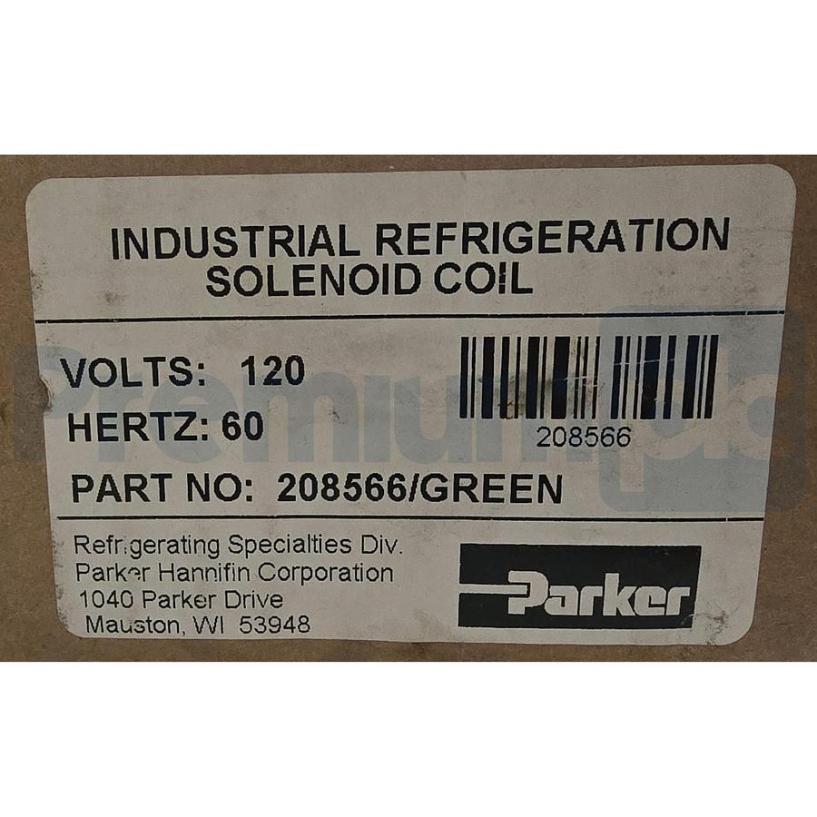Used Parker 208566 Refrigeration Solenoid Coil 120V 60Hz Green LED DIN Connector NSMP