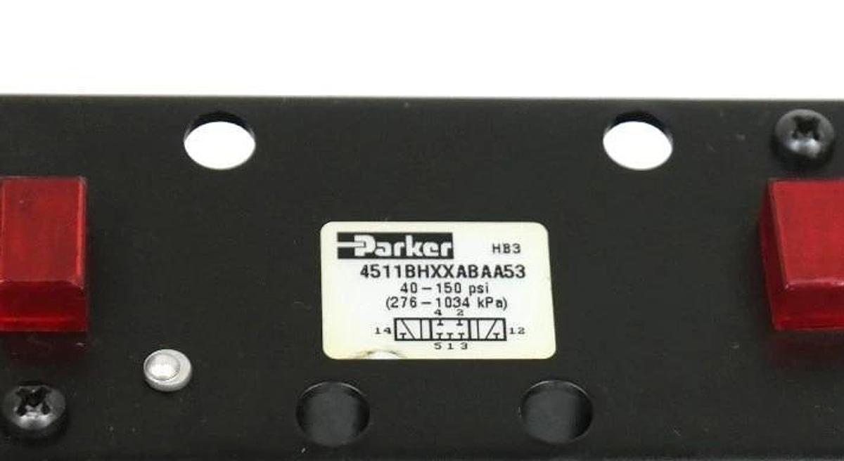 Used PARKER 4511BHXXABAA53 VALVE 40-150 PSI W/ L0030153 COILS 6.2 WATTS