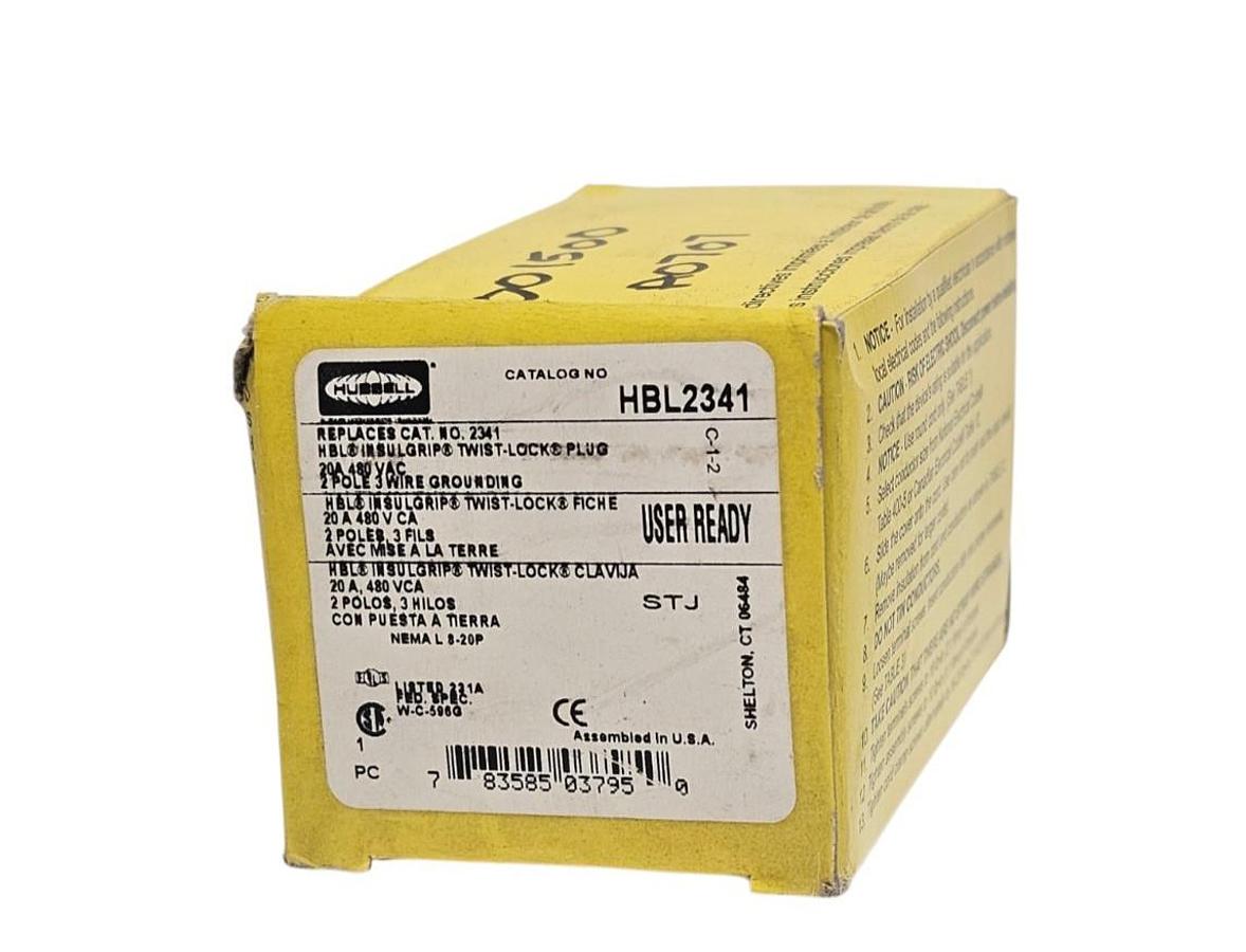 NIB HUBBELL HBL2341 TWIST LOCK PLUG 20A 480V 2-POLE 3-WIRE