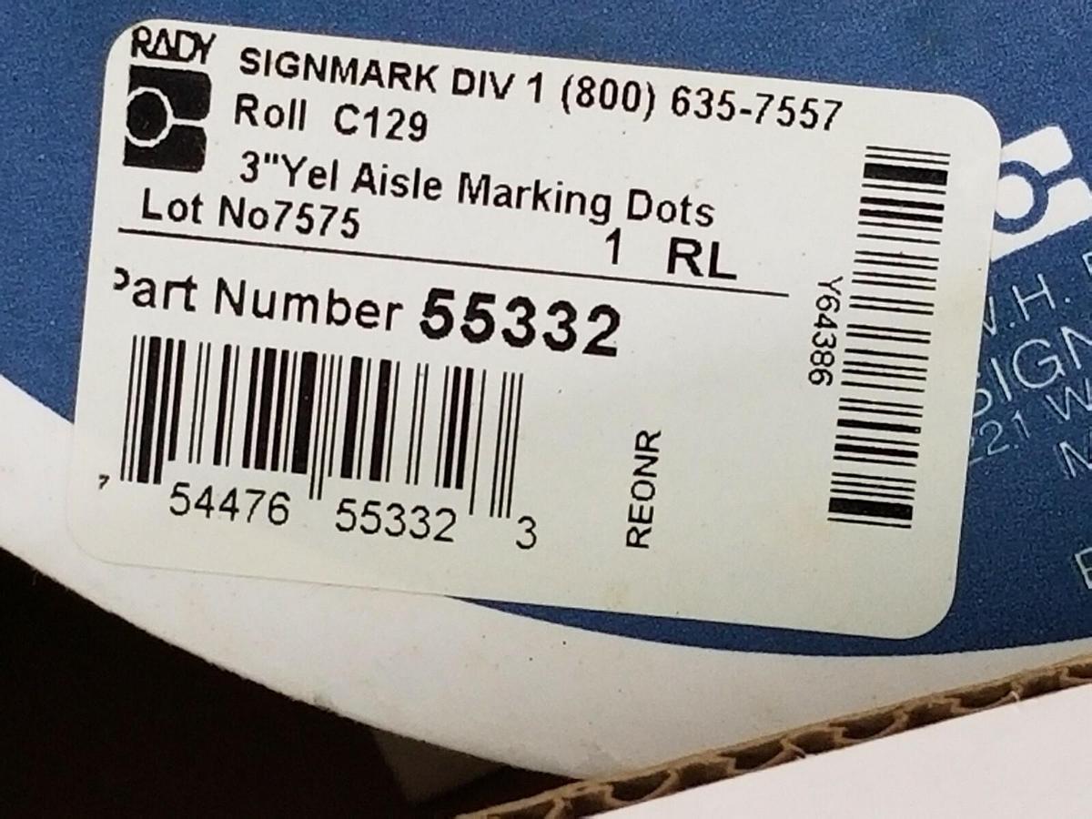 Used NIB BRADY 55332 ROLL C129 3" YELLOW AISLE MARKING DOTS, ROLL OF 1000
