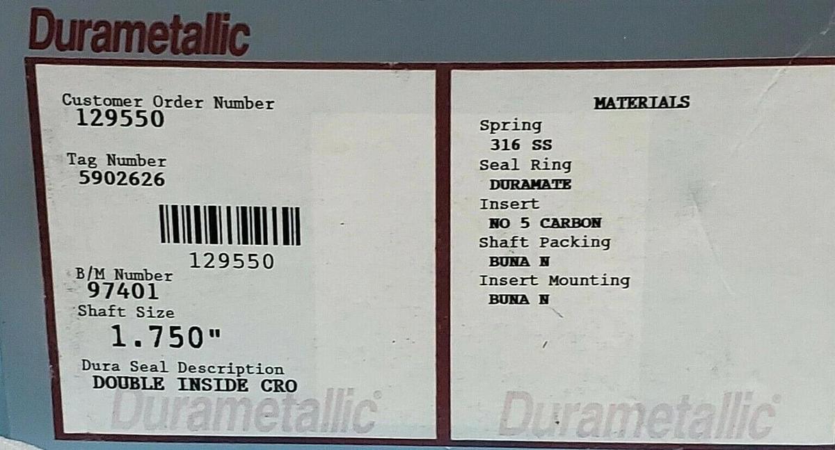NIB DURAMETALLIC 97401 MECHANICAL SEAL KIT, 129550, 5902626, 1.750"