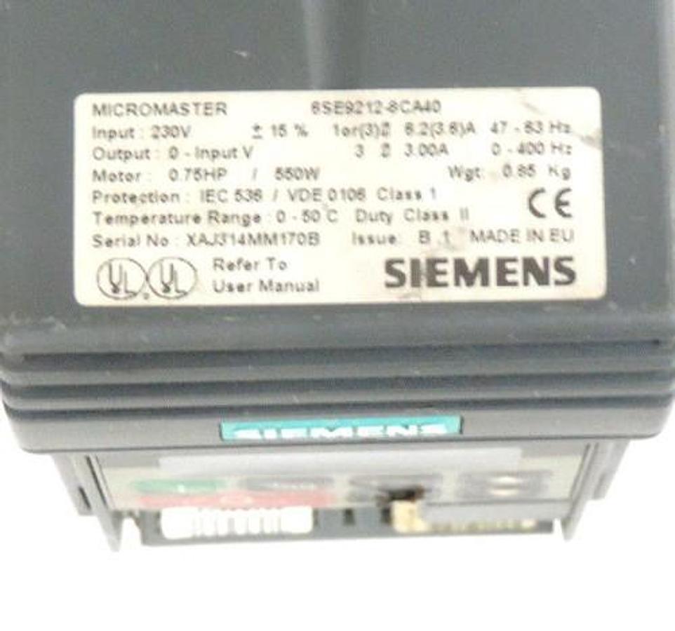 Used SIEMENS 6SE9212-8CA40 MICROMASTER DRIVE .75HP 230V 3PH 6SE92128CA40