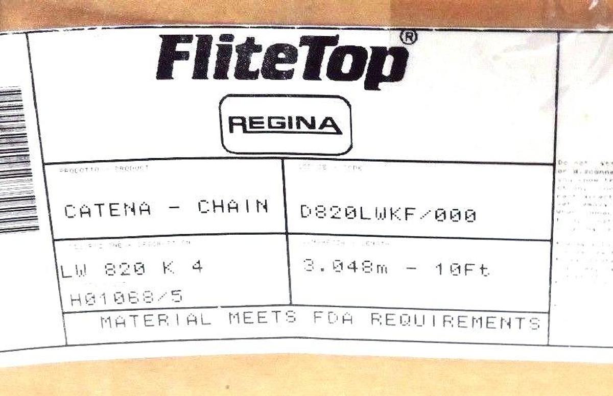 Used NIB REGINA LW820K4 FLITE TOP CHAIN 10FT LENGTH 4" WIDTH 1-1/2" PITCH