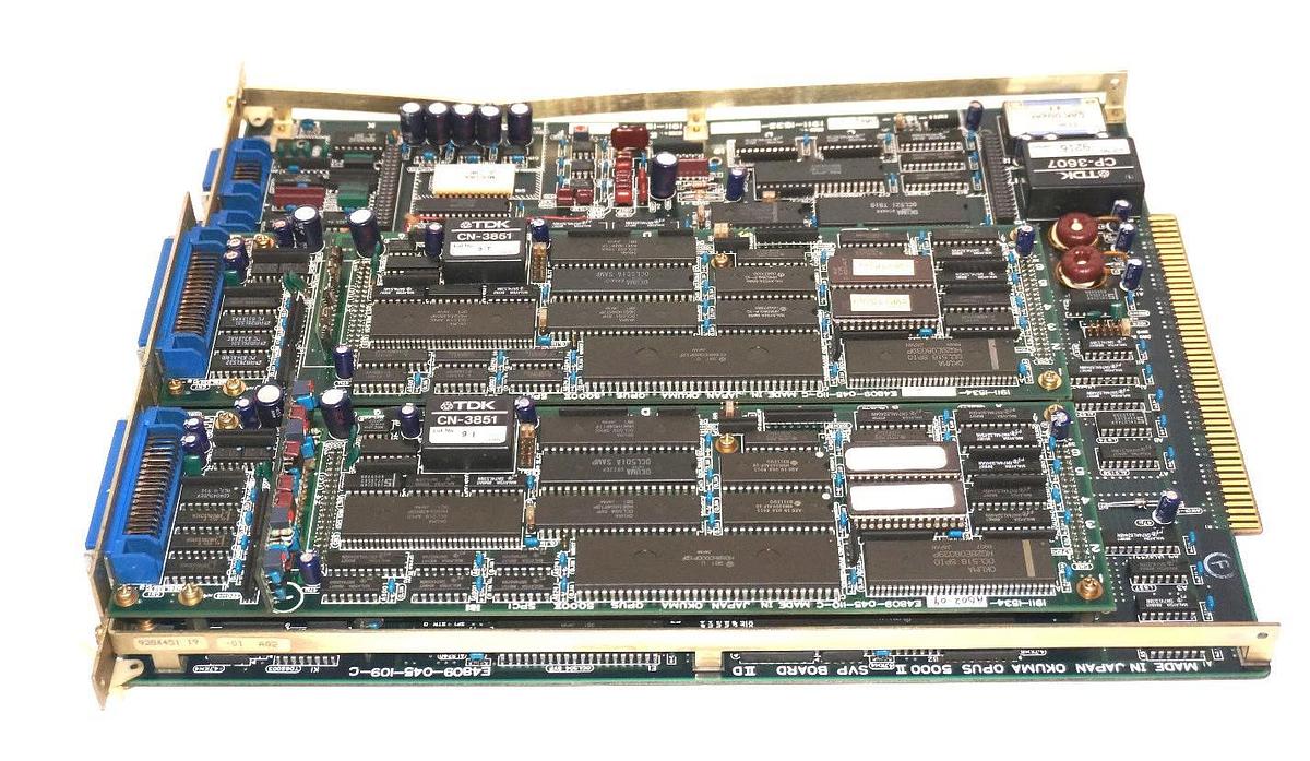 Used OKUMA E4809-045-109-C OPUS 5000-II SVP BOARD W/ 2 E4809-045-110-C SPC1 BOARDS