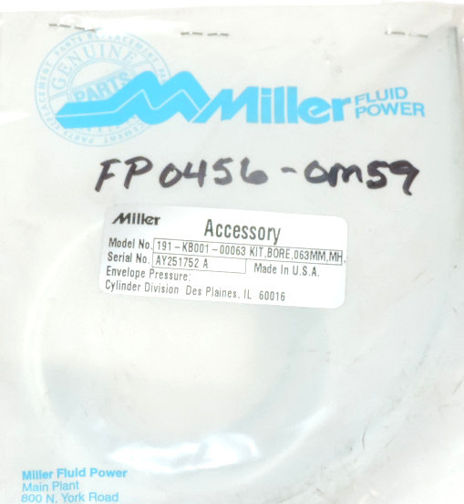 Used NEW MILLER FLUID POWER 191-KB001-00063 BORE KIT, 063MM, MH, SERIAL NO: AY251752A